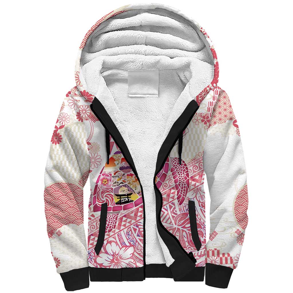 Hawaiian and Japanese Culture Together Sherpa Hoodie Tropical Honu with Japanese Elements Pink Color LT03 Unisex Pink - Polynesian Pride