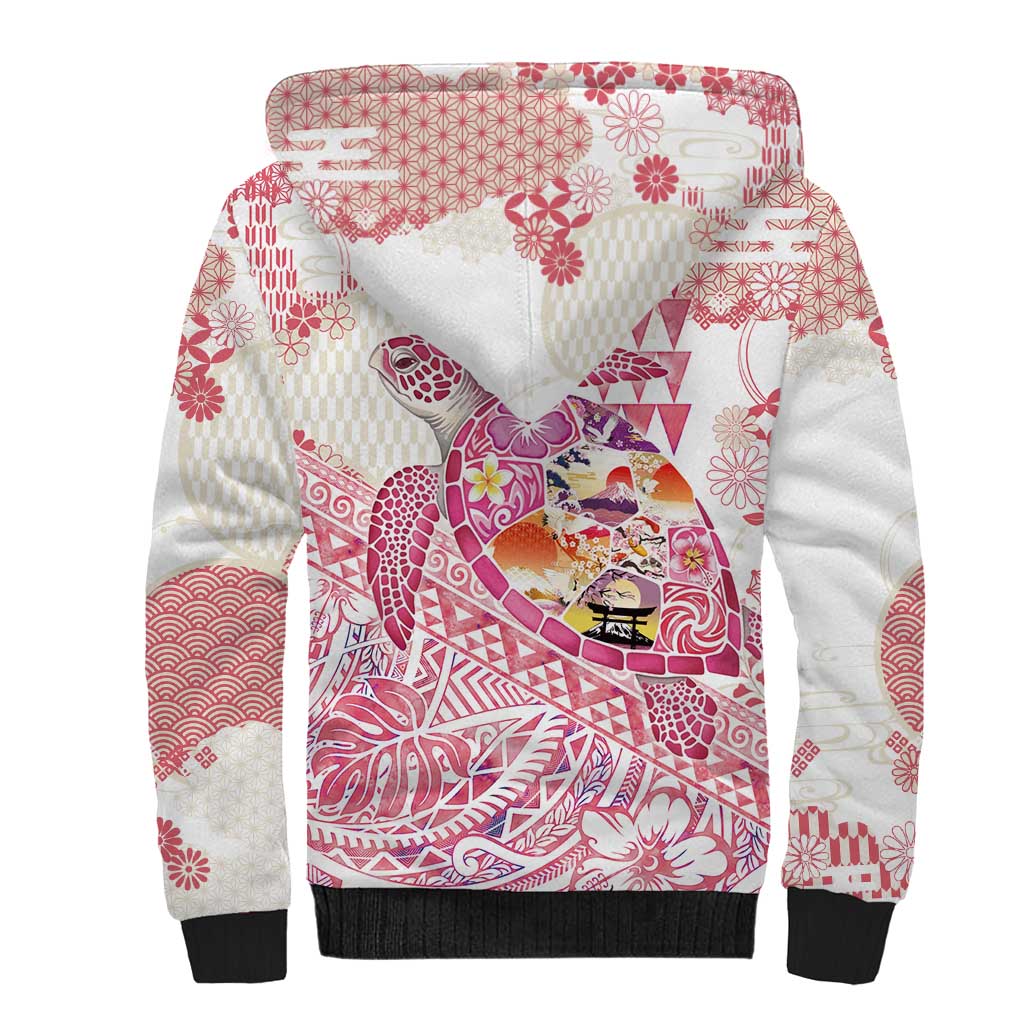 Hawaiian and Japanese Culture Together Sherpa Hoodie Tropical Honu with Japanese Elements Pink Color LT03 - Polynesian Pride