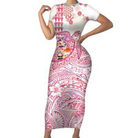 Hawaiian and Japanese Culture Together Short Sleeve Bodycon Dress Tropical Honu with Japanese Elements Pink Color LT03 Long Dress Pink - Polynesian Pride