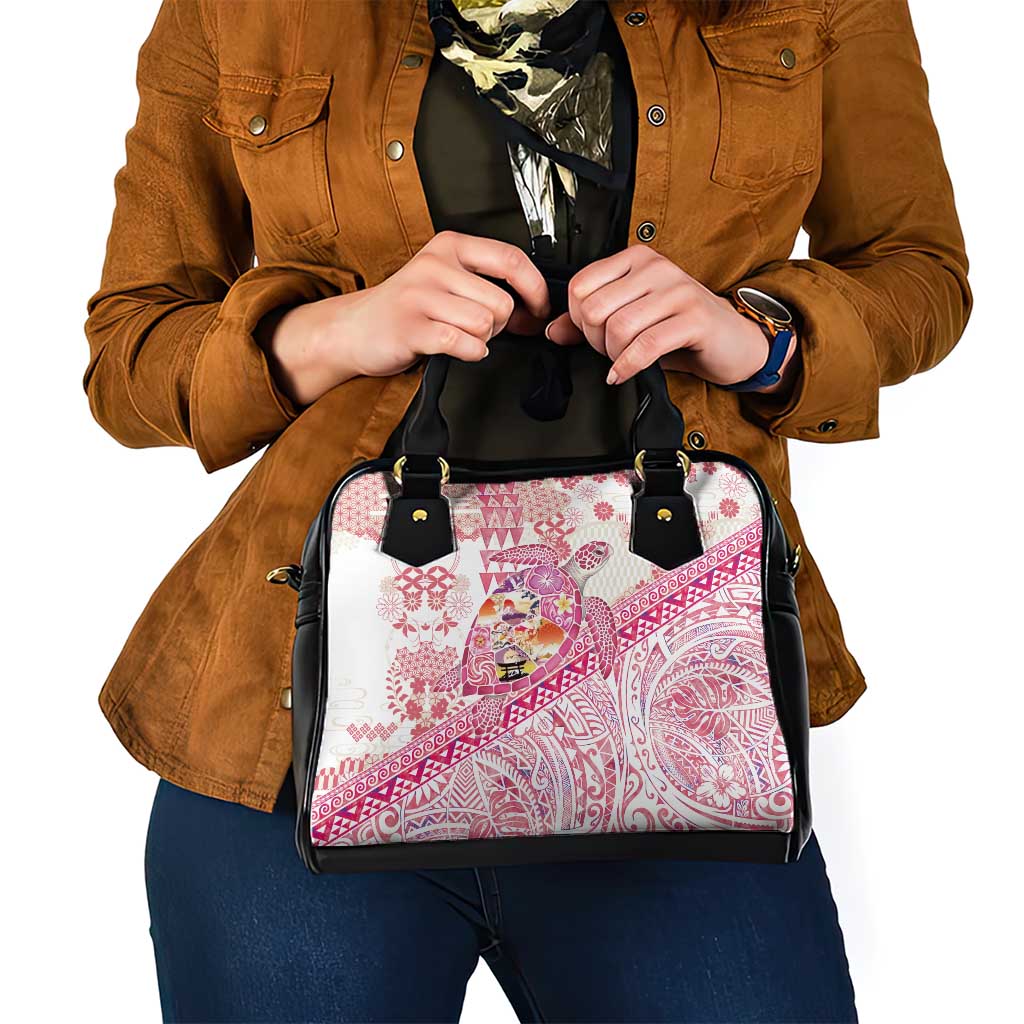 Hawaiian and Japanese Culture Together Shoulder Handbag Tropical Honu with Japanese Elements Pink Color