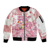 Hawaiian and Japanese Culture Together Sleeve Zip Bomber Jacket Tropical Honu with Japanese Elements Pink Color