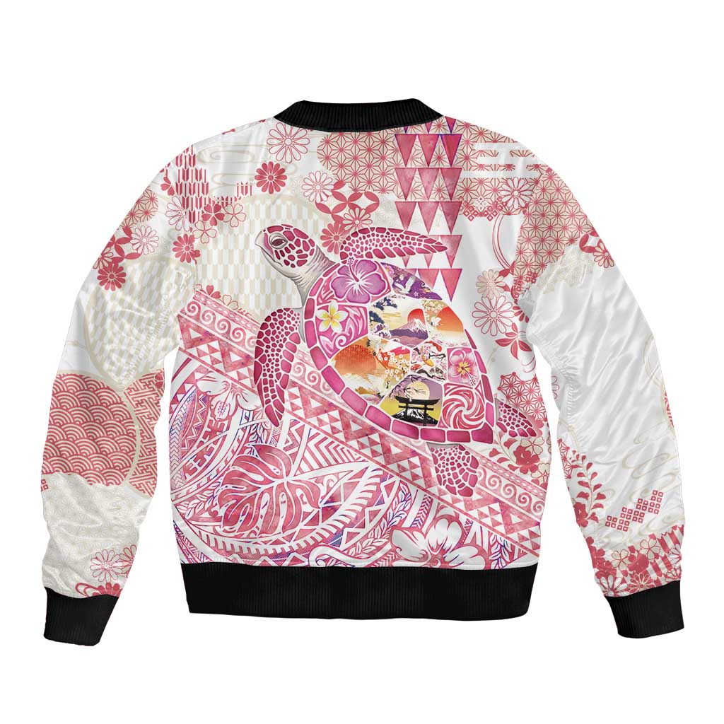 Hawaiian and Japanese Culture Together Sleeve Zip Bomber Jacket Tropical Honu with Japanese Elements Pink Color
