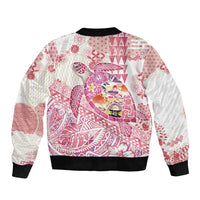 Hawaiian and Japanese Culture Together Sleeve Zip Bomber Jacket Tropical Honu with Japanese Elements Pink Color