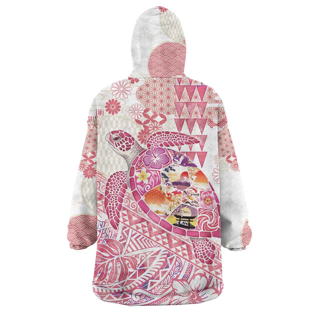 Hawaiian and Japanese Culture Together Wearable Blanket Hoodie Tropical Honu with Japanese Elements Pink Color LT03 - Polynesian Pride