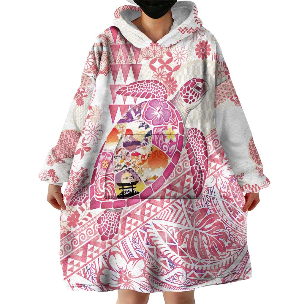 Hawaiian and Japanese Culture Together Wearable Blanket Hoodie Tropical Honu with Japanese Elements Pink Color LT03 - Polynesian Pride