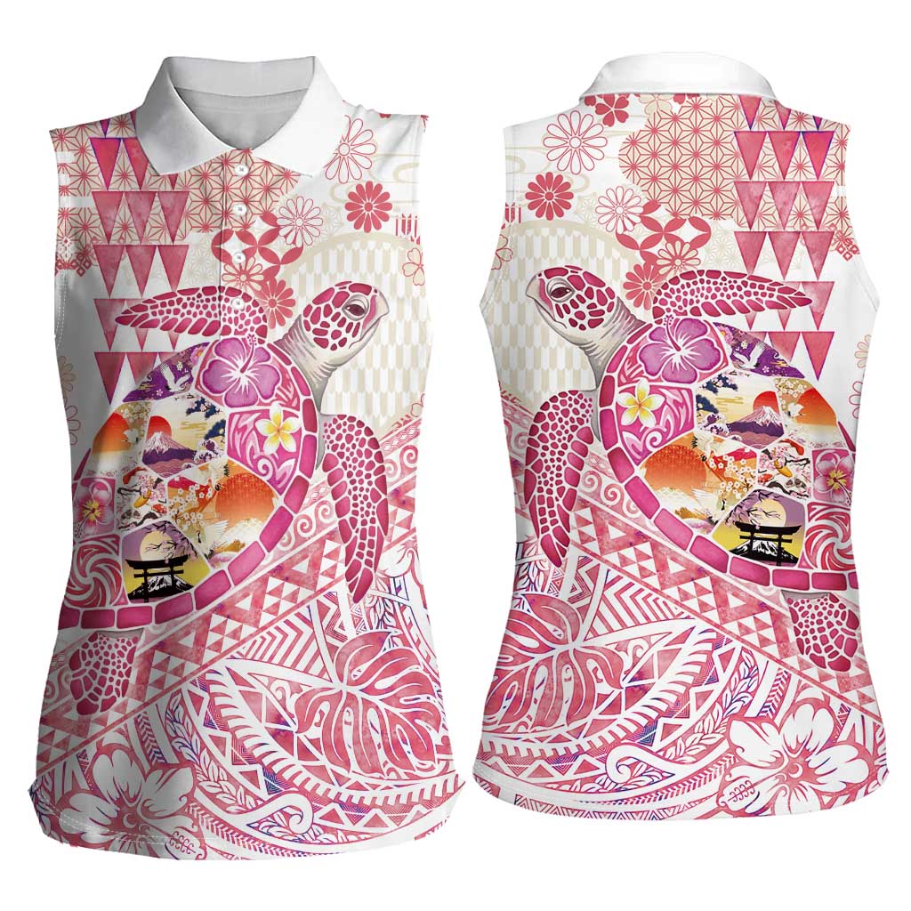 Hawaiian and Japanese Culture Together Women Sleeveless Polo Shirt Tropical Honu with Japanese Elements Pink Color LT03 - Polynesian Pride