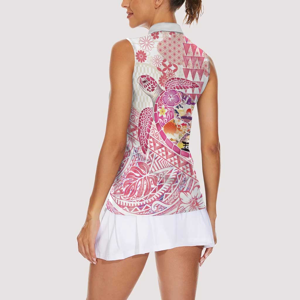 Hawaiian and Japanese Culture Together Women Sleeveless Polo Shirt Tropical Honu with Japanese Elements Pink Color LT03 - Polynesian Pride