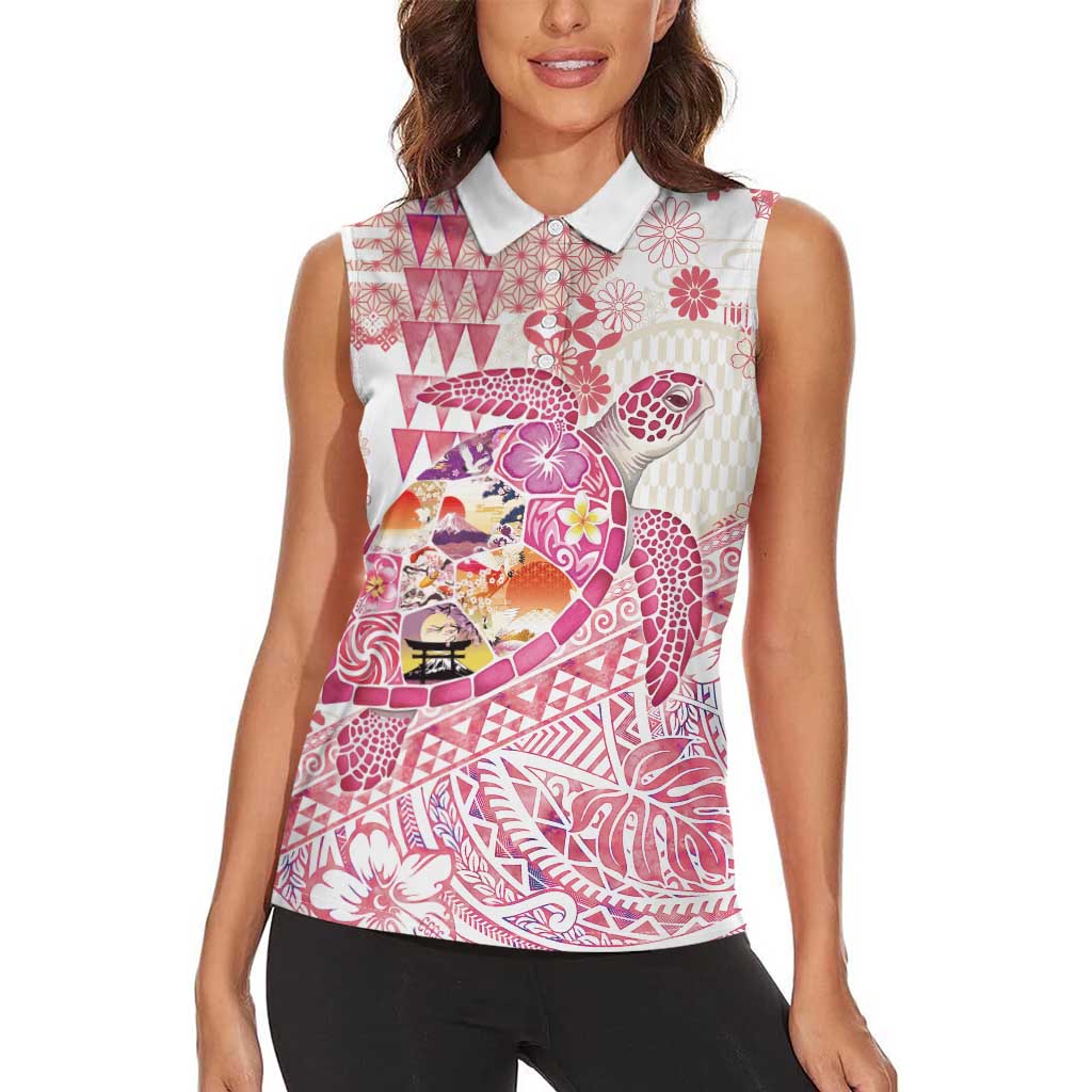 Hawaiian and Japanese Culture Together Women Sleeveless Polo Shirt Tropical Honu with Japanese Elements Pink Color LT03 - Polynesian Pride