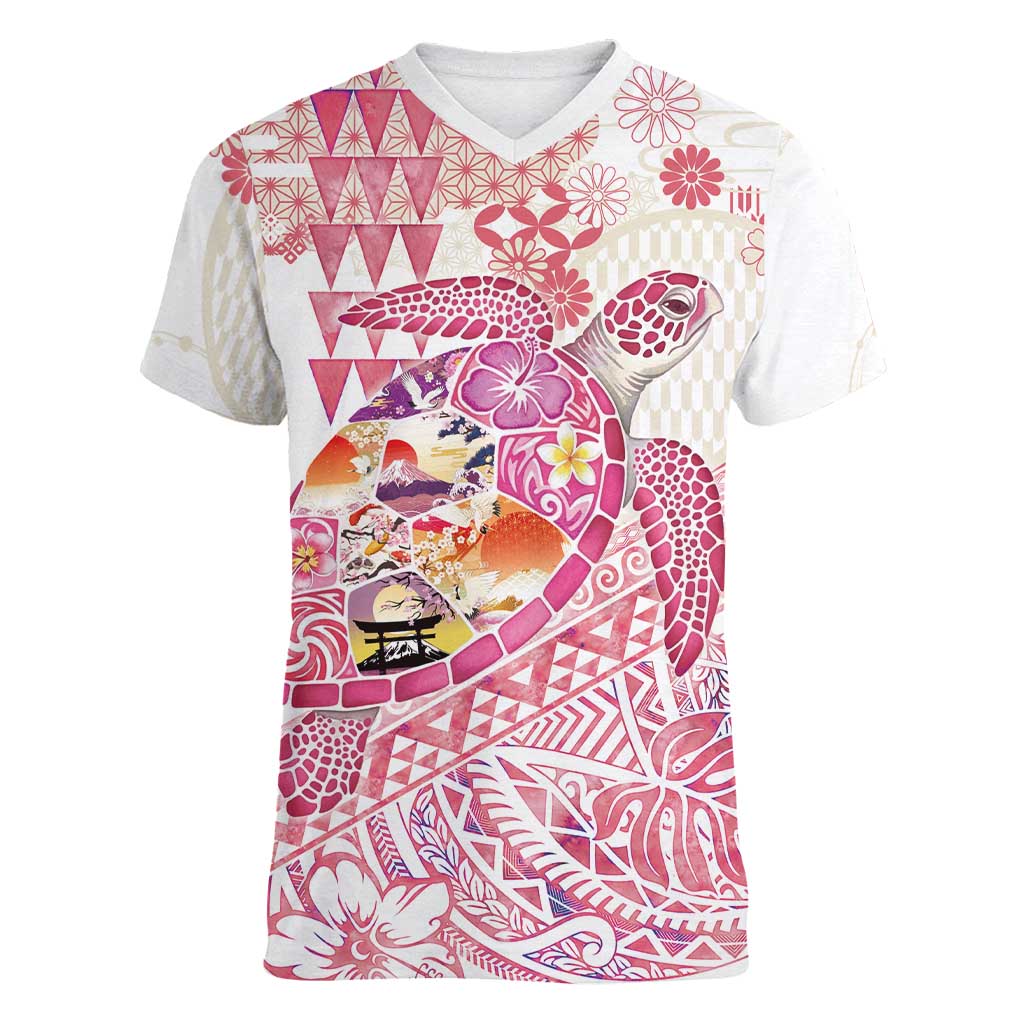 Hawaiian and Japanese Culture Together Women V-Neck T-Shirt Tropical Honu with Japanese Elements Pink Color LT03 Female Pink - Polynesian Pride