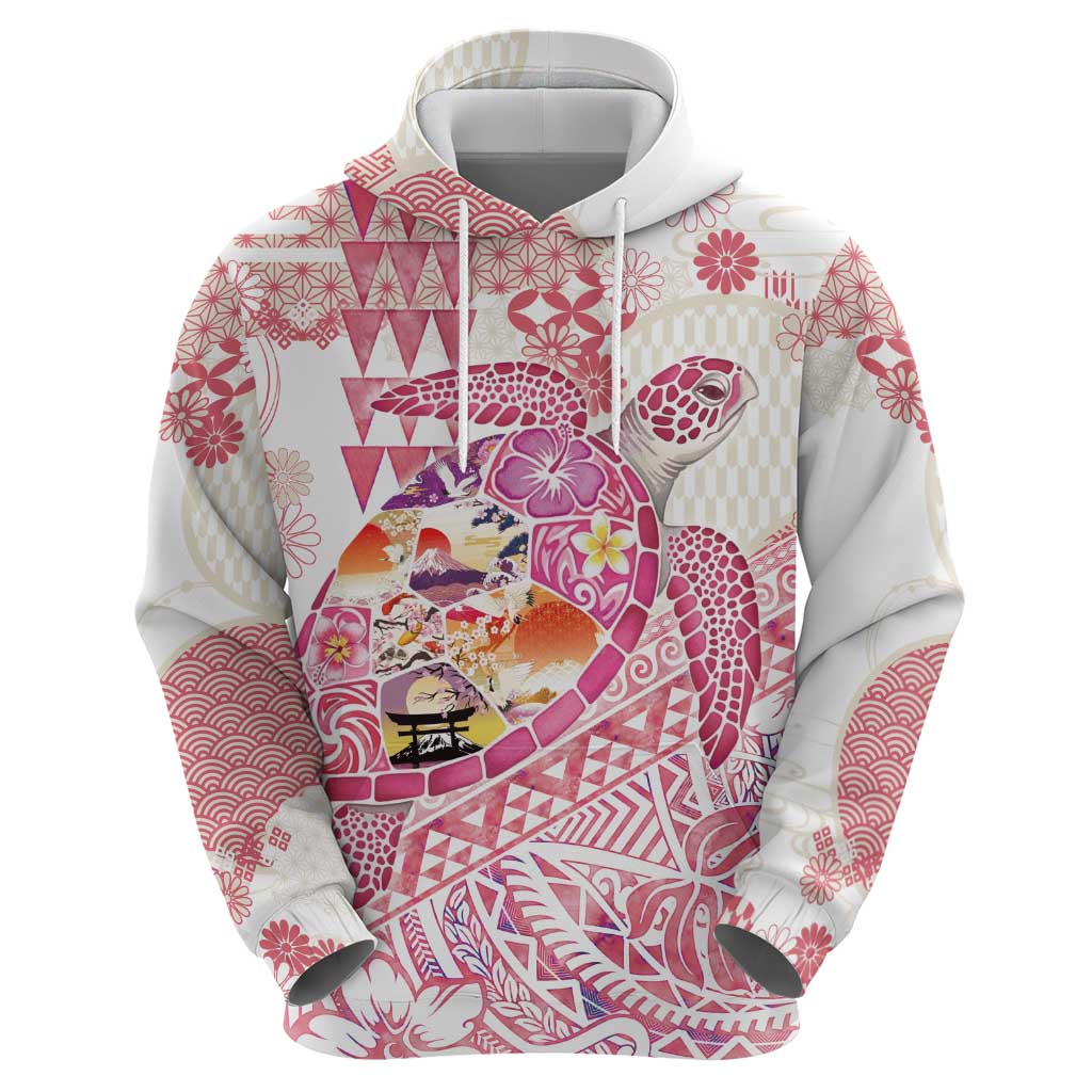 Hawaiian and Japanese Culture Together Zip Hoodie Tropical Honu with Japanese Elements Pink Color
