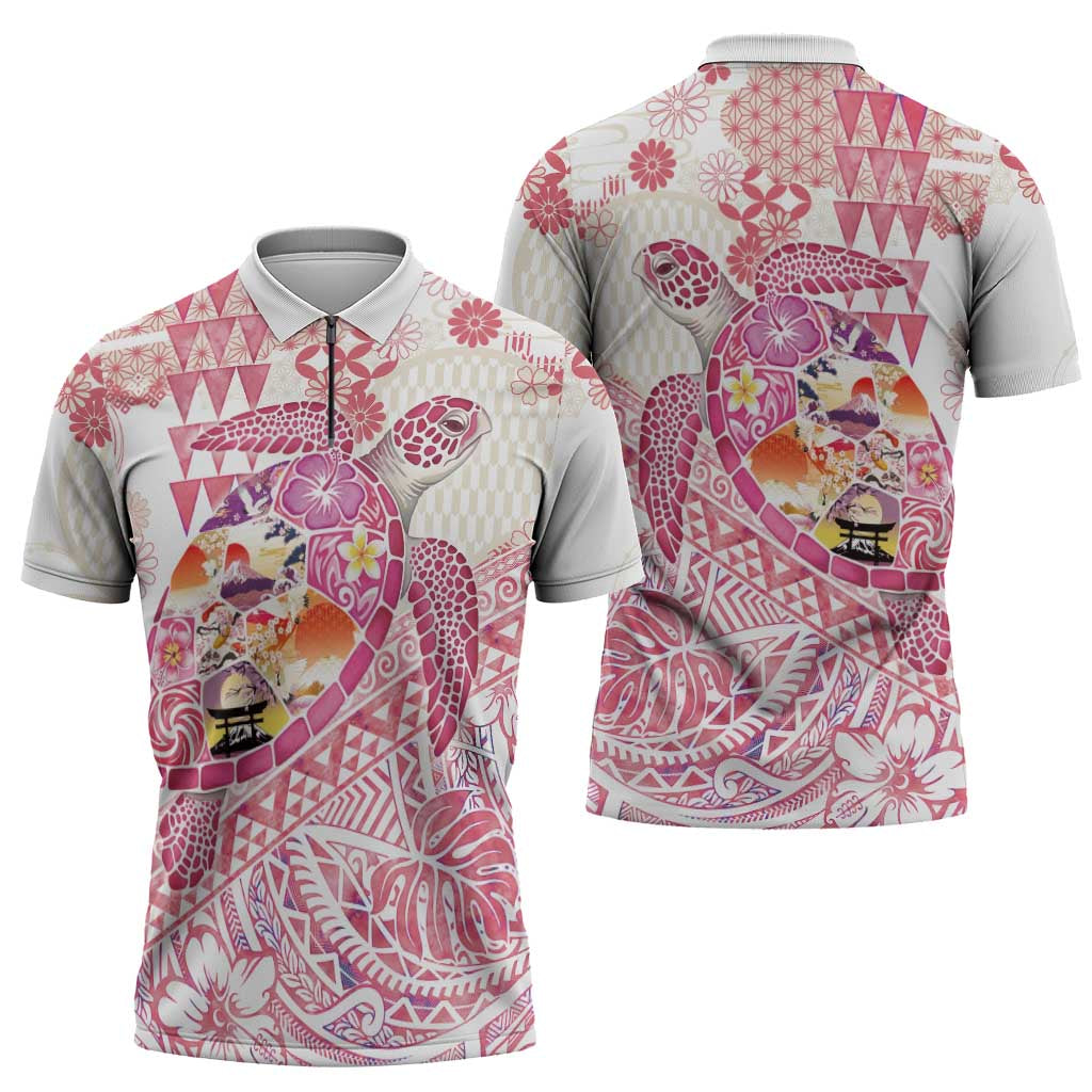 Hawaiian and Japanese Culture Together Zipper Polo Shirt Tropical Honu with Japanese Elements Pink Color LT03 - Polynesian Pride