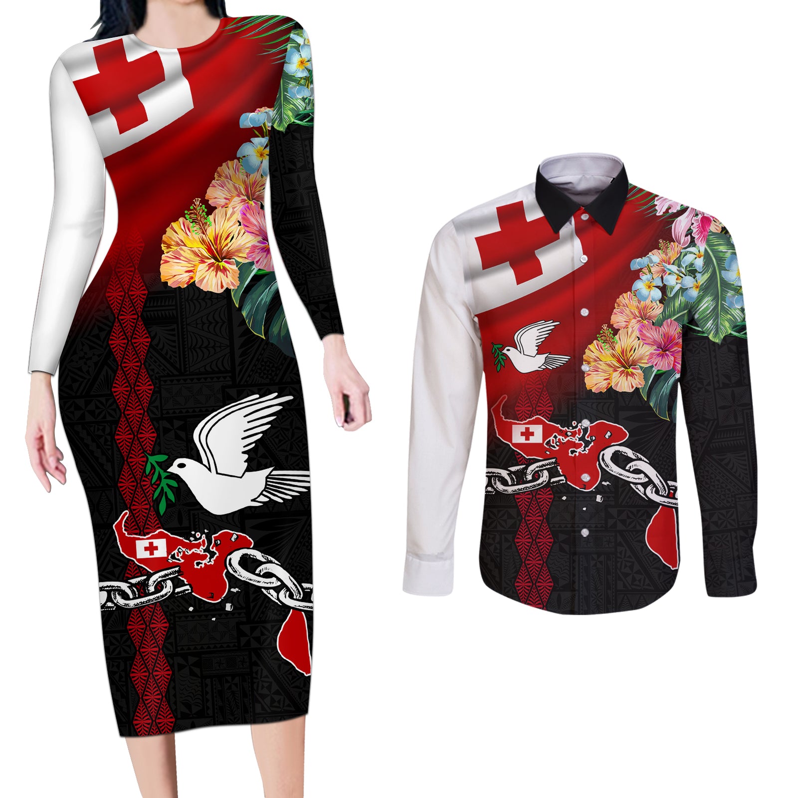 Personalised Tonga Emancipation Day Couples Matching Long Sleeve Bodycon Dress and Long Sleeve Button Shirt Flag Map and Hibiscus Flower Ngatu Pattern LT03 Black - Polynesian Pride