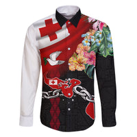 Personalised Tonga Emancipation Day Family Matching Long Sleeve Bodycon Dress and Hawaiian Shirt Flag Map and Hibiscus Flower Ngatu Pattern LT03 Dad's Shirt - Long Sleeve Black - Polynesian Pride