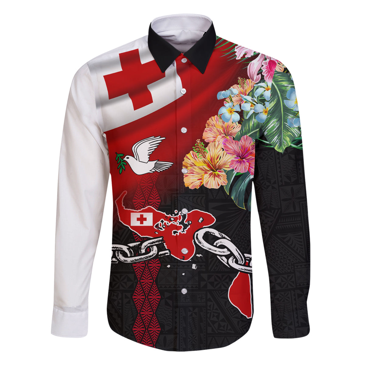 Personalised Tonga Emancipation Day Family Matching Tank Maxi Dress and Hawaiian Shirt Flag Map and Hibiscus Flower Ngatu Pattern LT03 Dad's Shirt - Long Sleeve Black - Polynesian Pride