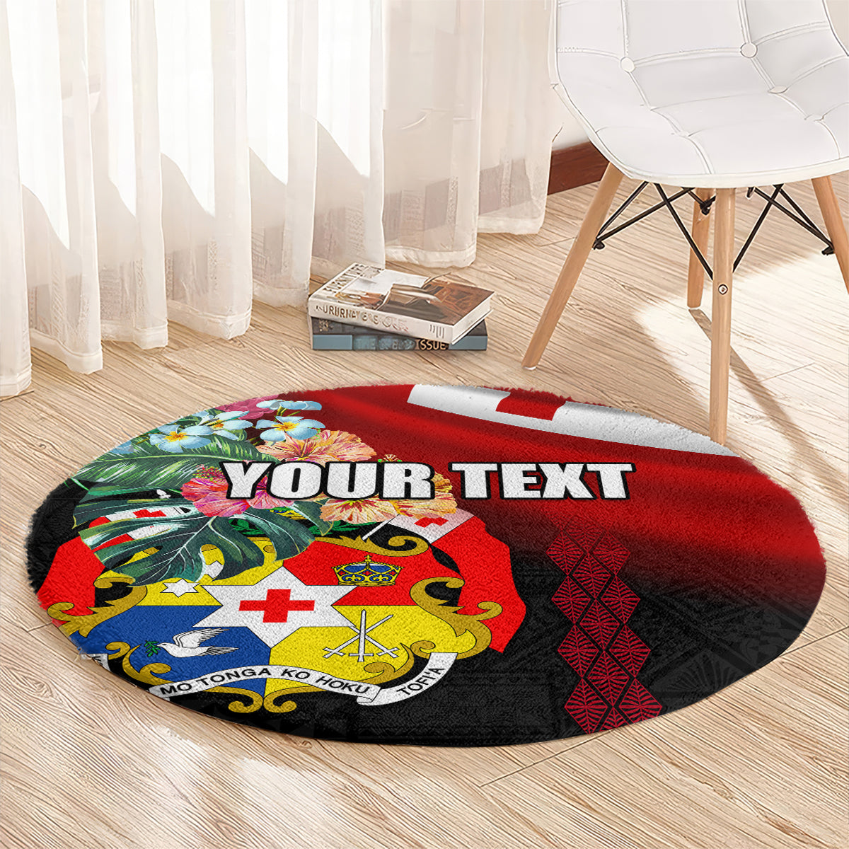 Personalised Tonga Emancipation Day Round Carpet Flag Map and Hibiscus Flower Ngatu Pattern