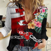 Personalised Tonga Emancipation Day Women Casual Shirt Flag Map and Hibiscus Flower Ngatu Pattern LT03 Female Black - Polynesian Pride