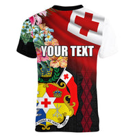 Personalised Tonga Emancipation Day Women V Neck T Shirt Flag Map and Hibiscus Flower Ngatu Pattern LT03 - Polynesian Pride