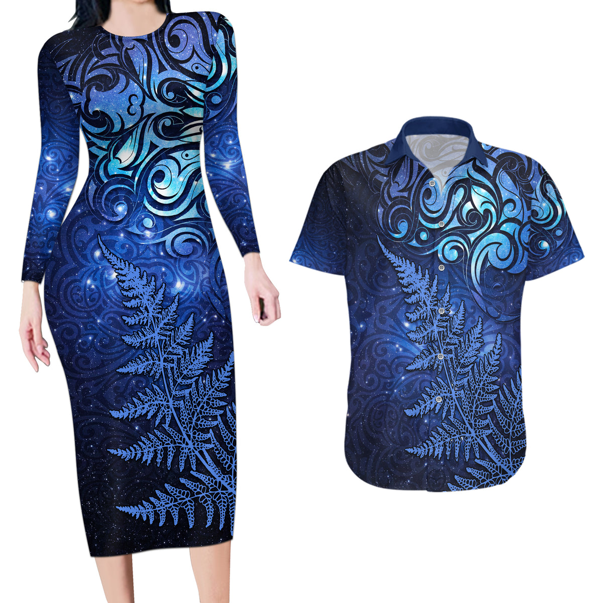 New Zealand Matariki Couples Matching Long Sleeve Bodycon Dress and Hawaiian Shirt Maori Pattern and Silver Fern LT03 Blue - Polynesian Pride