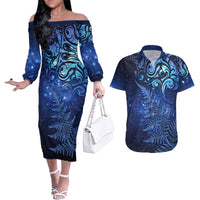 New Zealand Matariki Couples Matching Off The Shoulder Long Sleeve Dress and Hawaiian Shirt Maori Pattern and Silver Fern LT03 Blue - Polynesian Pride