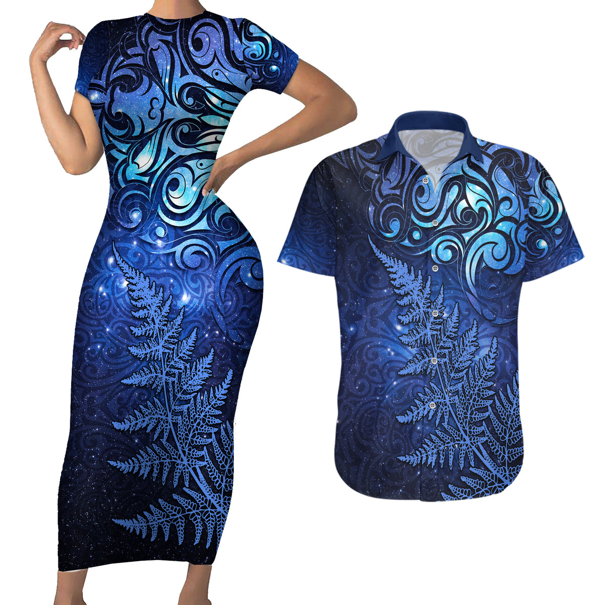 New Zealand Matariki Couples Matching Short Sleeve Bodycon Dress and Hawaiian Shirt Maori Pattern and Silver Fern LT03 Blue - Polynesian Pride
