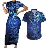 New Zealand Matariki Couples Matching Short Sleeve Bodycon Dress and Hawaiian Shirt Maori Pattern and Silver Fern LT03 Blue - Polynesian Pride