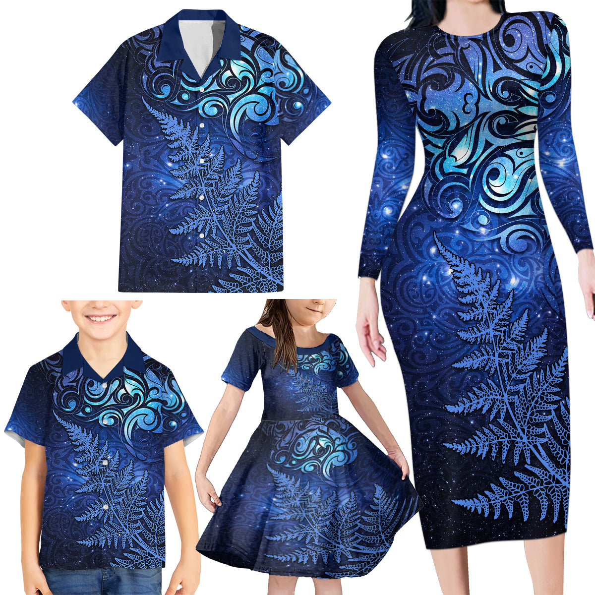 New Zealand Matariki Family Matching Long Sleeve Bodycon Dress and Hawaiian Shirt Maori Pattern and Silver Fern LT03 - Polynesian Pride