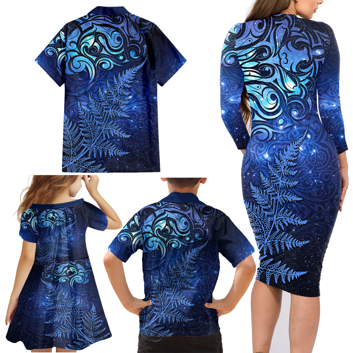 New Zealand Matariki Family Matching Long Sleeve Bodycon Dress and Hawaiian Shirt Maori Pattern and Silver Fern LT03 - Polynesian Pride