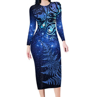 New Zealand Matariki Family Matching Long Sleeve Bodycon Dress and Hawaiian Shirt Maori Pattern and Silver Fern LT03 Mom's Dress Blue - Polynesian Pride