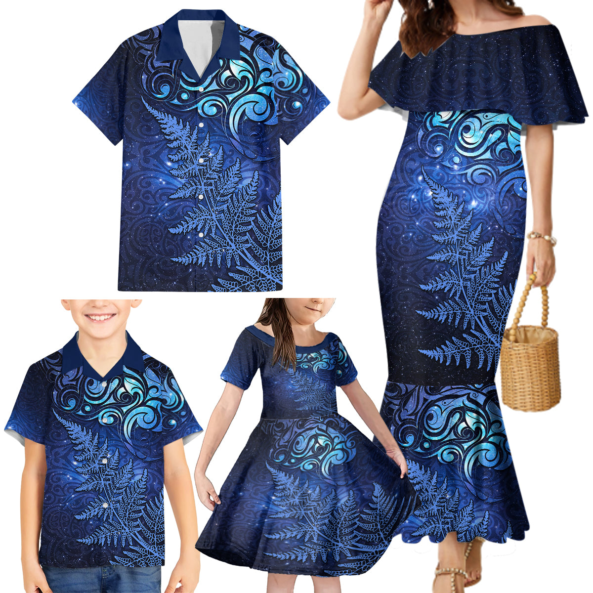 New Zealand Matariki Family Matching Mermaid Dress and Hawaiian Shirt Maori Pattern and Silver Fern LT03 - Polynesian Pride