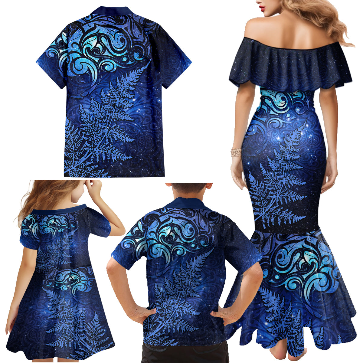 New Zealand Matariki Family Matching Mermaid Dress and Hawaiian Shirt Maori Pattern and Silver Fern LT03 - Polynesian Pride