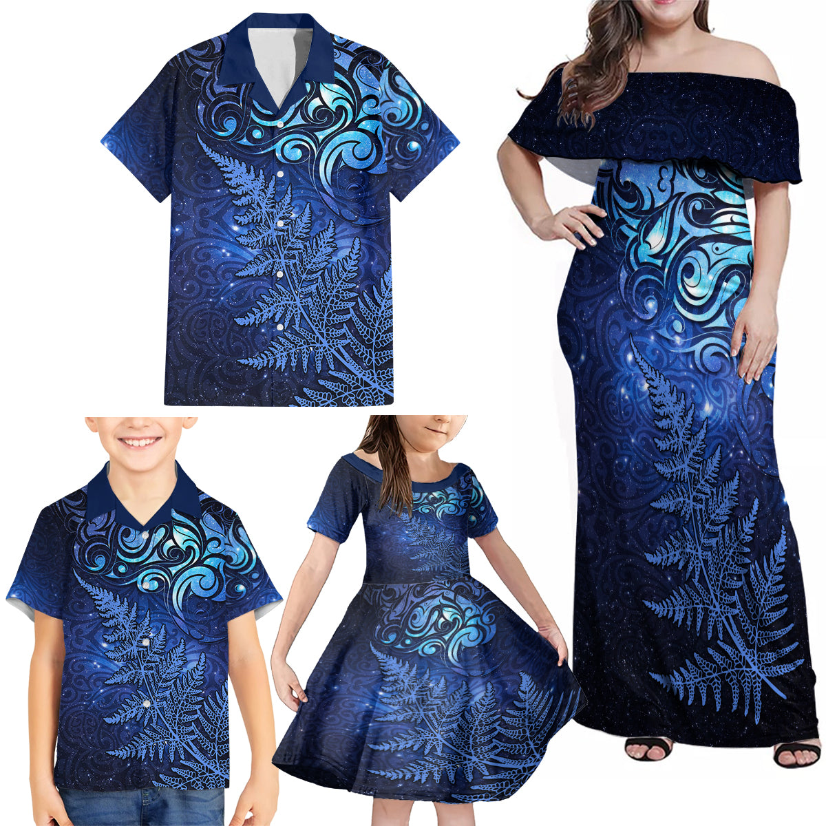 New Zealand Matariki Family Matching Off Shoulder Maxi Dress and Hawaiian Shirt Maori Pattern and Silver Fern LT03 - Polynesian Pride