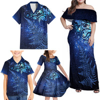 New Zealand Matariki Family Matching Off Shoulder Maxi Dress and Hawaiian Shirt Maori Pattern and Silver Fern LT03 - Polynesian Pride