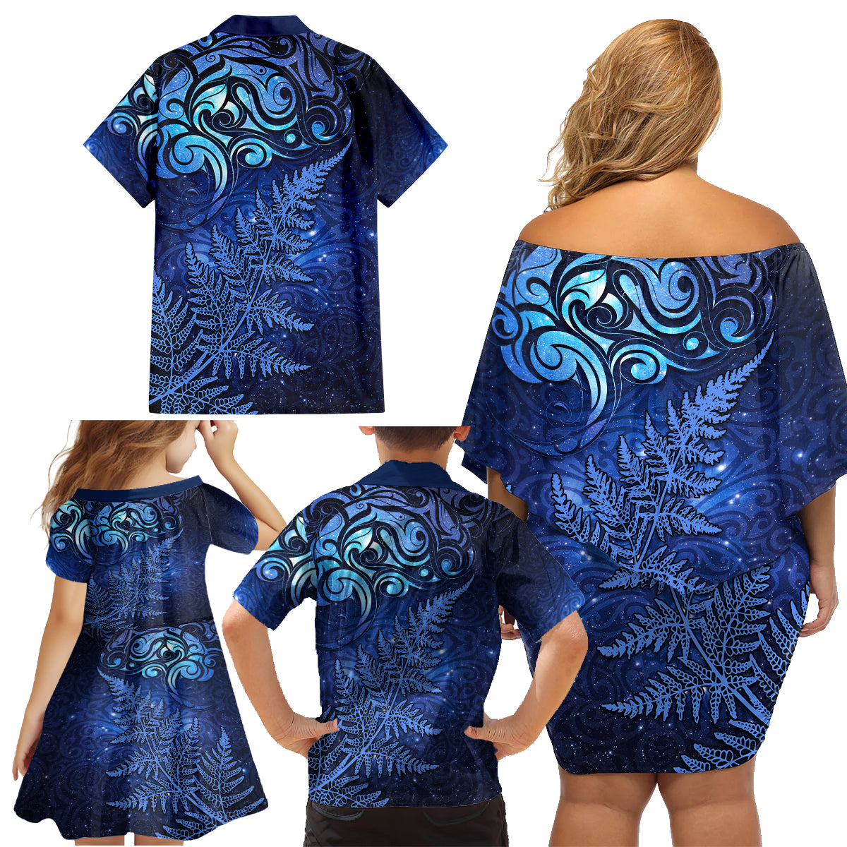 New Zealand Matariki Family Matching Off Shoulder Short Dress and Hawaiian Shirt Maori Pattern and Silver Fern LT03 - Polynesian Pride