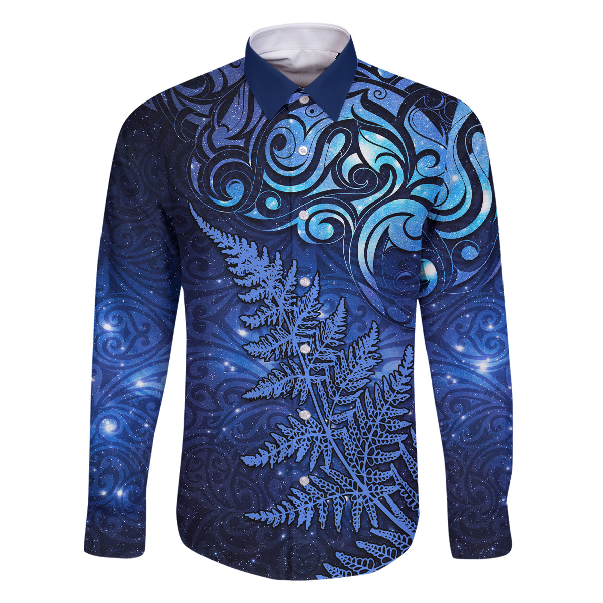 New Zealand Matariki Family Matching Off Shoulder Short Dress and Hawaiian Shirt Maori Pattern and Silver Fern LT03 Dad's Shirt - Long Sleeve Blue - Polynesian Pride