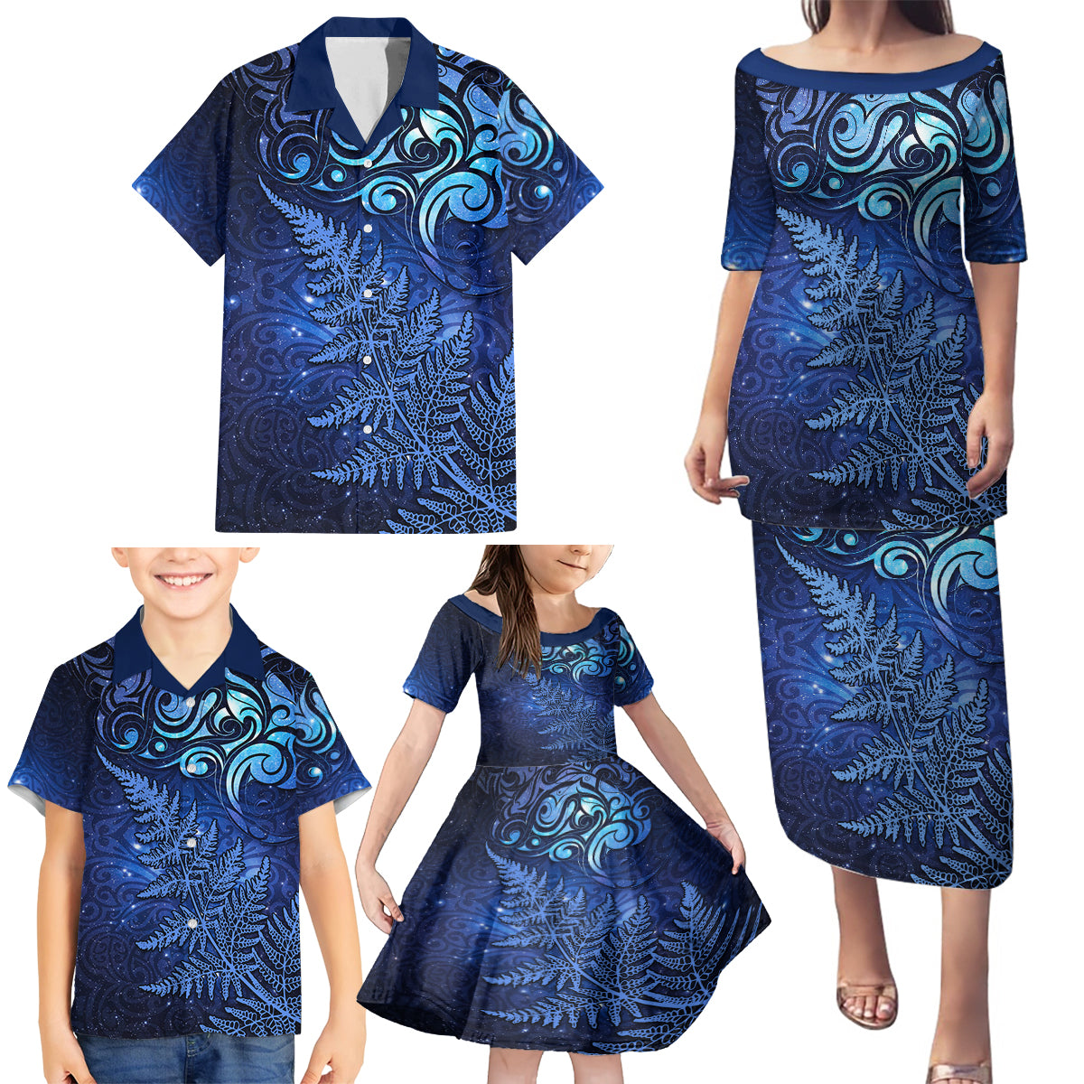 New Zealand Matariki Family Matching Puletasi and Hawaiian Shirt Maori Pattern and Silver Fern LT03 - Polynesian Pride