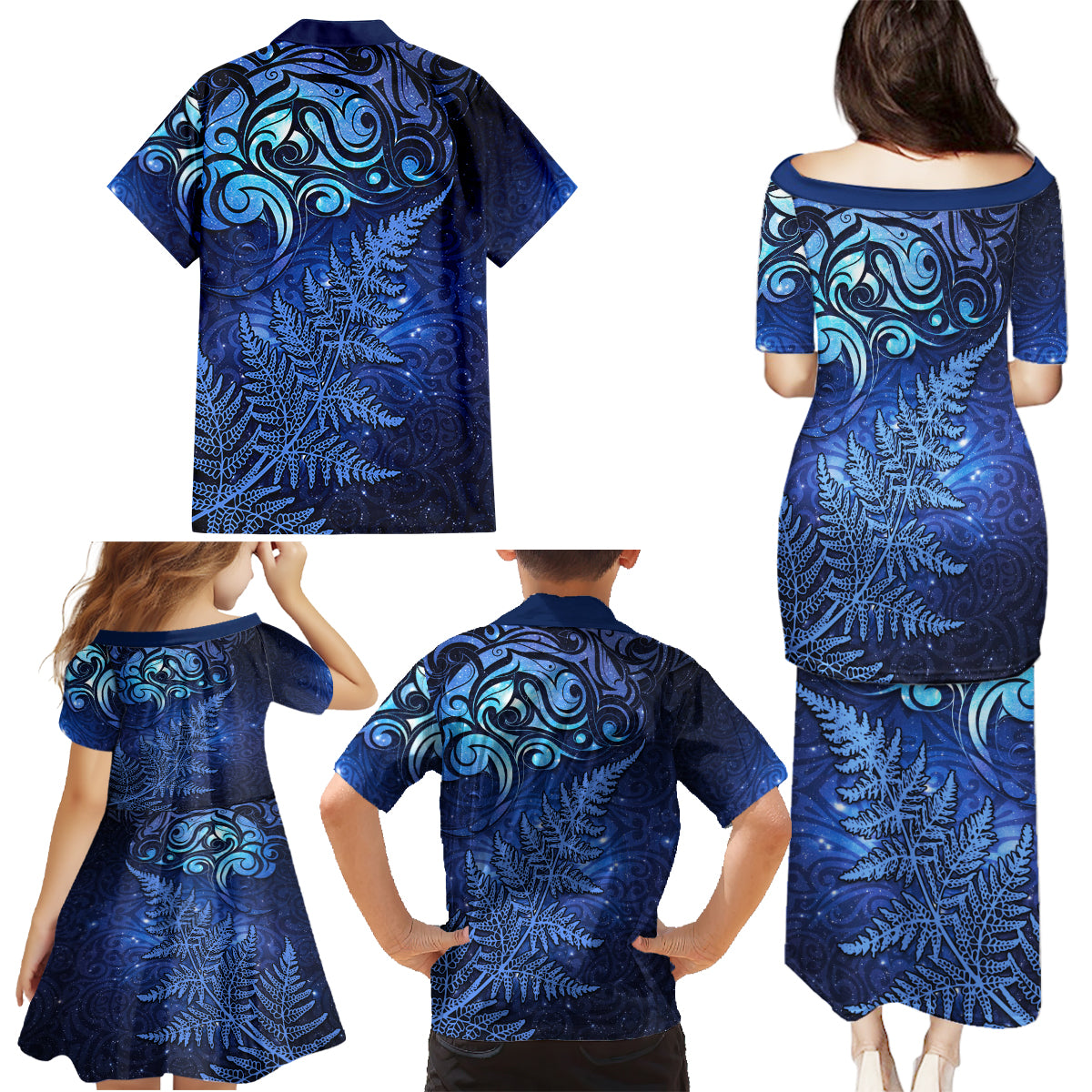 New Zealand Matariki Family Matching Puletasi and Hawaiian Shirt Maori Pattern and Silver Fern LT03 - Polynesian Pride