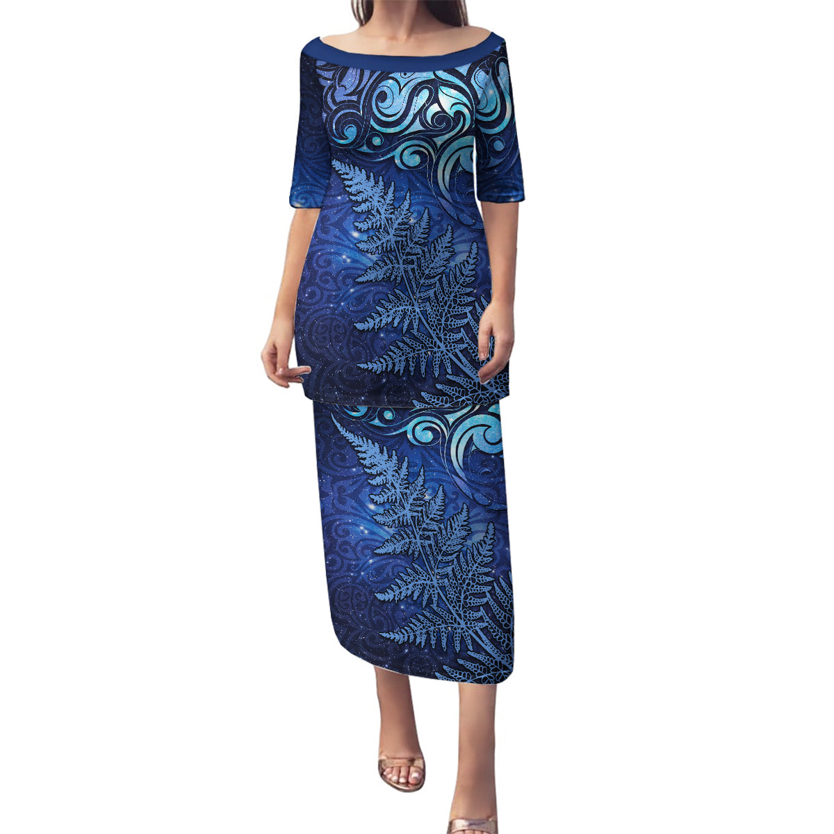 New Zealand Matariki Family Matching Puletasi and Hawaiian Shirt Maori Pattern and Silver Fern LT03 Mom's Dress Blue - Polynesian Pride