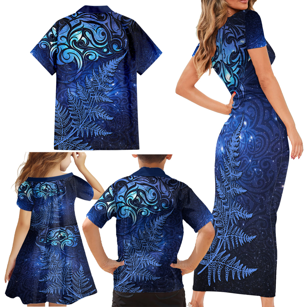 New Zealand Matariki Family Matching Short Sleeve Bodycon Dress and Hawaiian Shirt Maori Pattern and Silver Fern LT03 - Polynesian Pride
