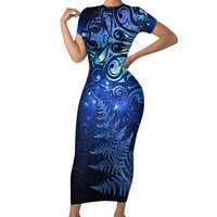 New Zealand Matariki Family Matching Short Sleeve Bodycon Dress and Hawaiian Shirt Maori Pattern and Silver Fern LT03 Mom's Dress Blue - Polynesian Pride