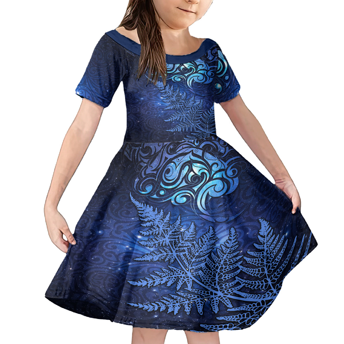New Zealand Matariki Family Matching Summer Maxi Dress and Hawaiian Shirt Maori Pattern and Silver Fern LT03 Daughter's Dress Blue - Polynesian Pride