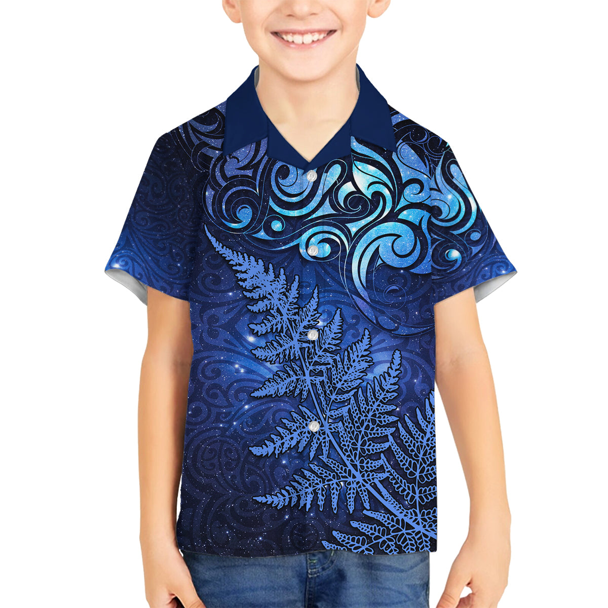 New Zealand Matariki Family Matching Summer Maxi Dress and Hawaiian Shirt Maori Pattern and Silver Fern LT03 Son's Shirt Blue - Polynesian Pride