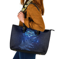 New Zealand Matariki Leather Tote Bag Maori Pattern and Silver Fern LT03 Blue - Polynesian Pride