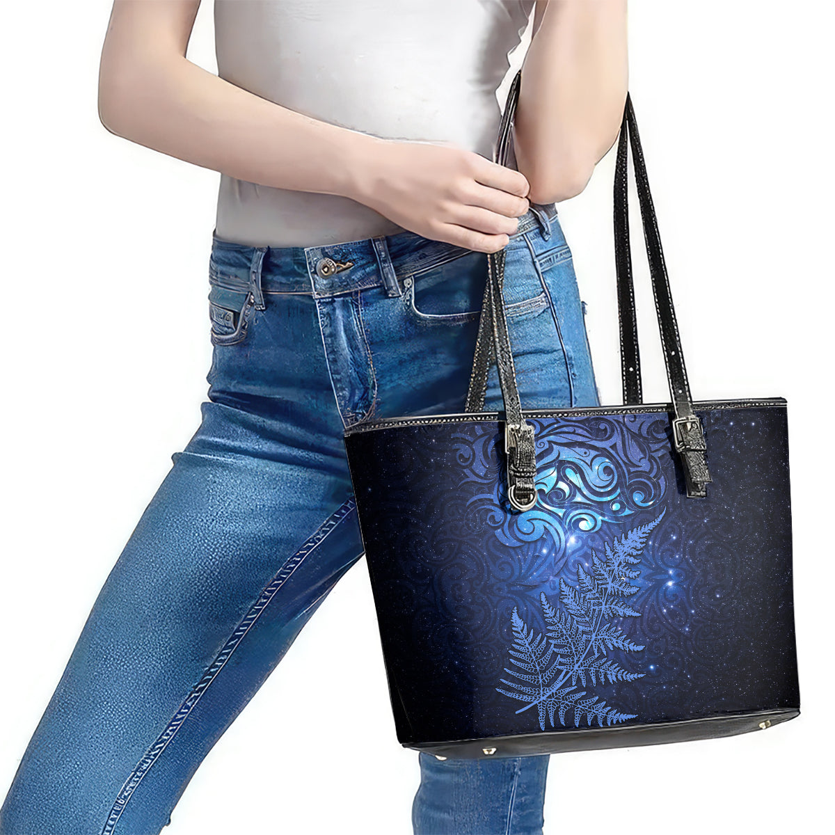 New Zealand Matariki Leather Tote Bag Maori Pattern and Silver Fern LT03 - Polynesian Pride