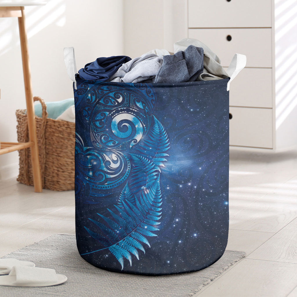 Aotearoa New Zealand New Year Laundry Basket Tribal Koru Tattoo Blue Galaxy Maori Silver Fern