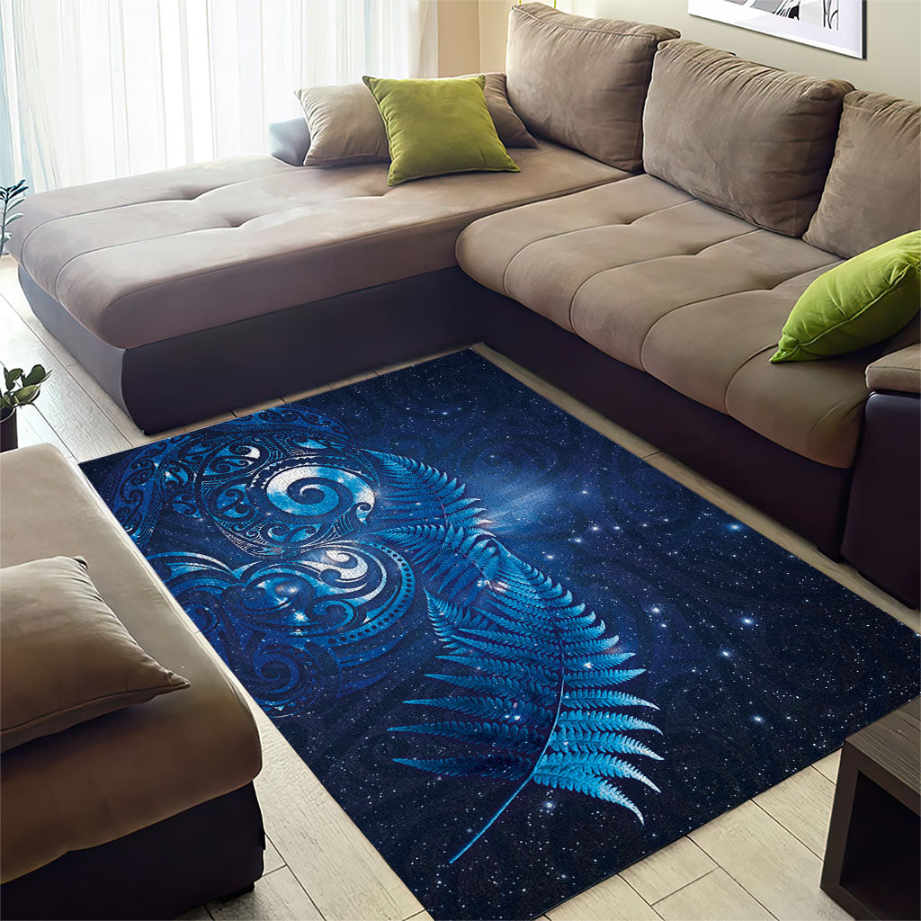 Aotearoa New Zealand New Year Area Rug Tribal Koru Tattoo Blue Galaxy Maori Silver Fern