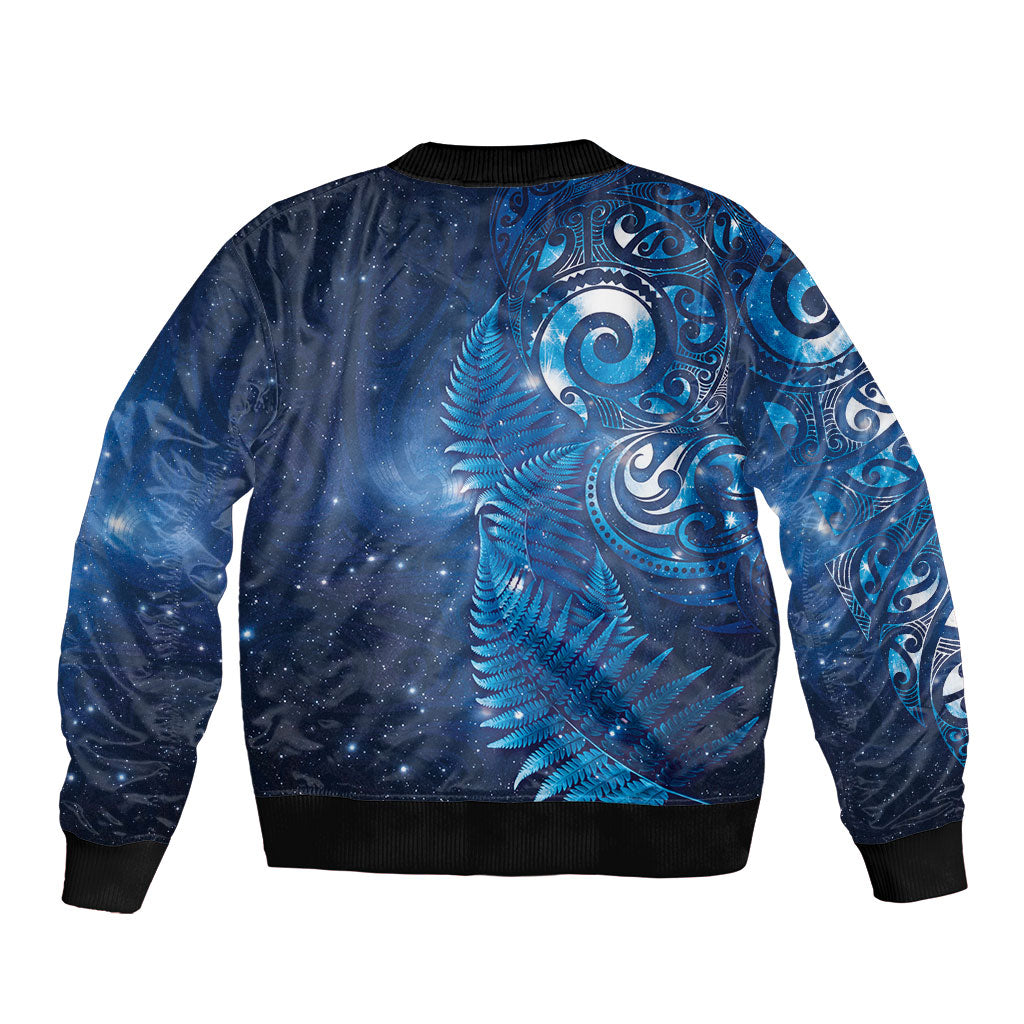 Aotearoa New Zealand New Year Bomber Jacket Tribal Koru Tattoo Blue Galaxy Maori Silver Fern