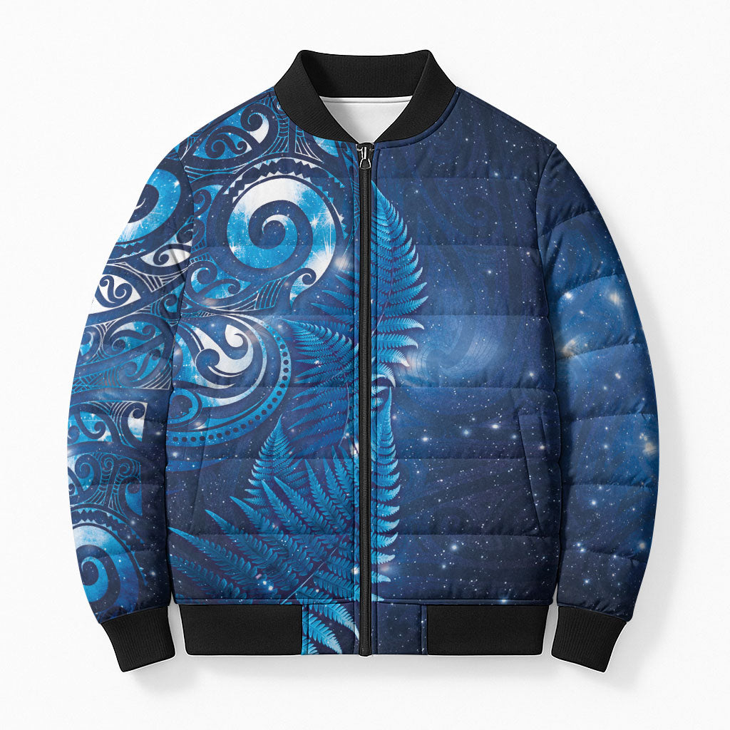Aotearoa New Zealand New Year Bomber Puffer Jacket Tribal Koru Tattoo Blue Galaxy Maori Silver Fern