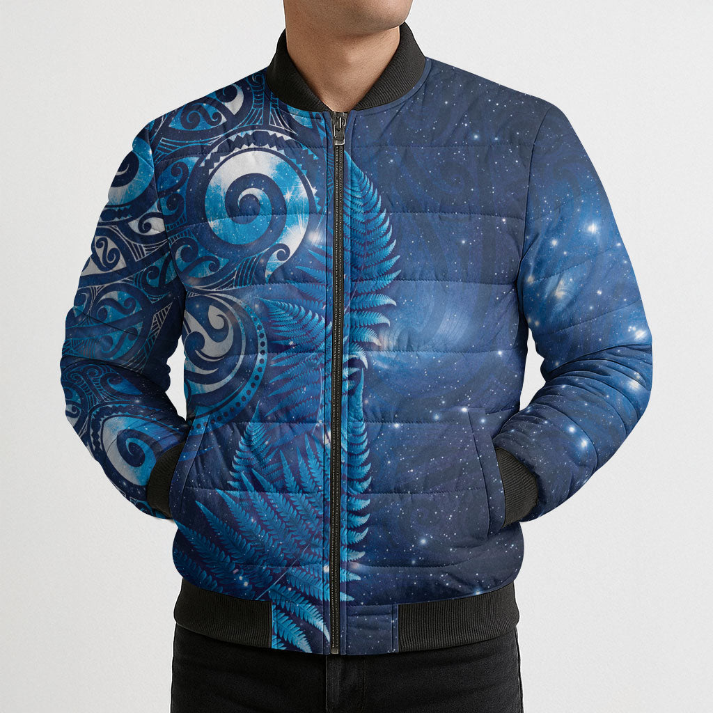 Aotearoa New Zealand New Year Bomber Puffer Jacket Tribal Koru Tattoo Blue Galaxy Maori Silver Fern