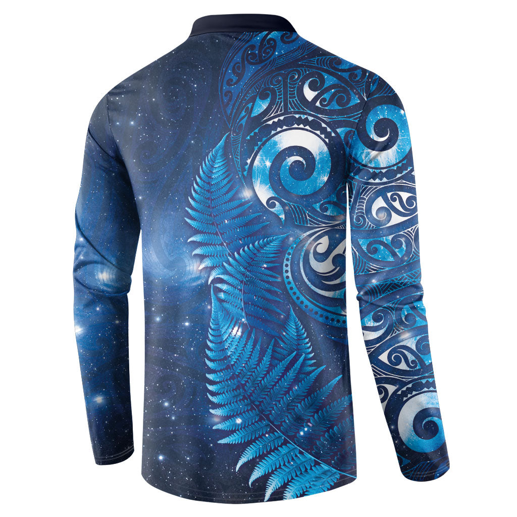 Aotearoa New Zealand New Year Button Sweatshirt Tribal Koru Tattoo Blue Galaxy Maori Silver Fern