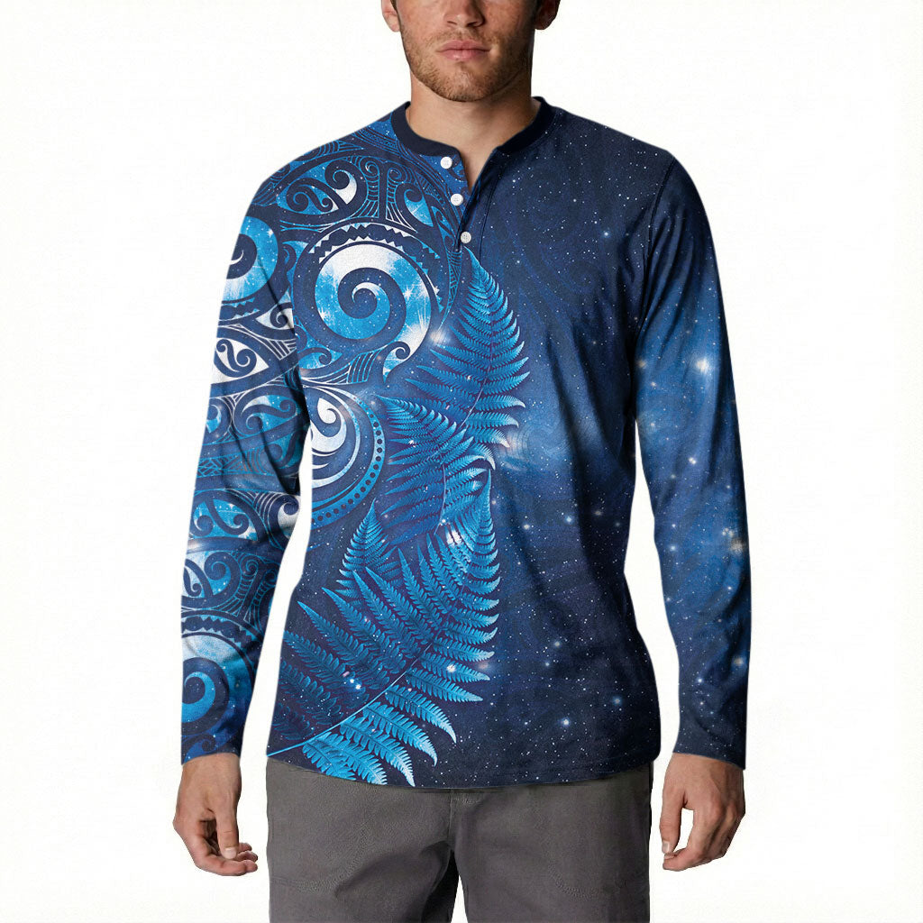 Aotearoa New Zealand New Year Button Sweatshirt Tribal Koru Tattoo Blue Galaxy Maori Silver Fern
